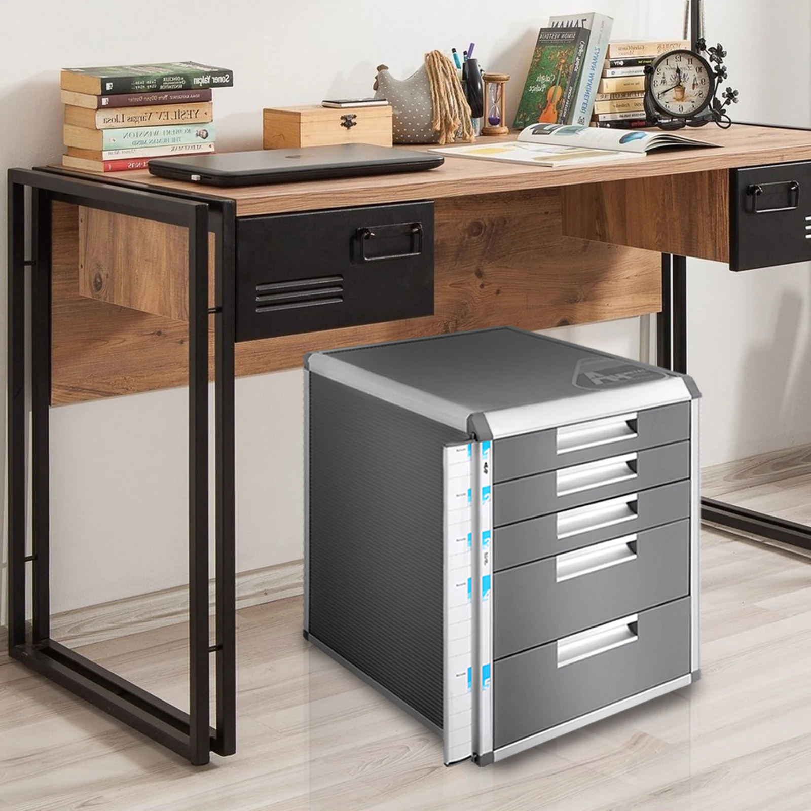 13.78"x12.4"x15.94"Lockable Document Storage Box, 5-Drawer File Organizer,Office Storage Cabinet-Aluminum Alloy&MDF Construction