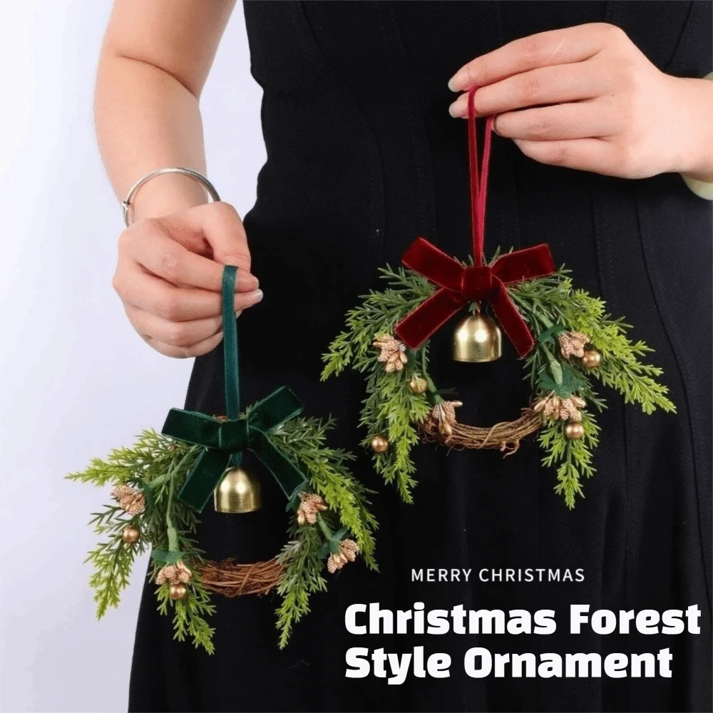 Velvet Bow Christmas Wreath Pine Cones Artificial Greenery Door Garland Metal Bell Branch Ring Xmas Tree Hanging Ornaments