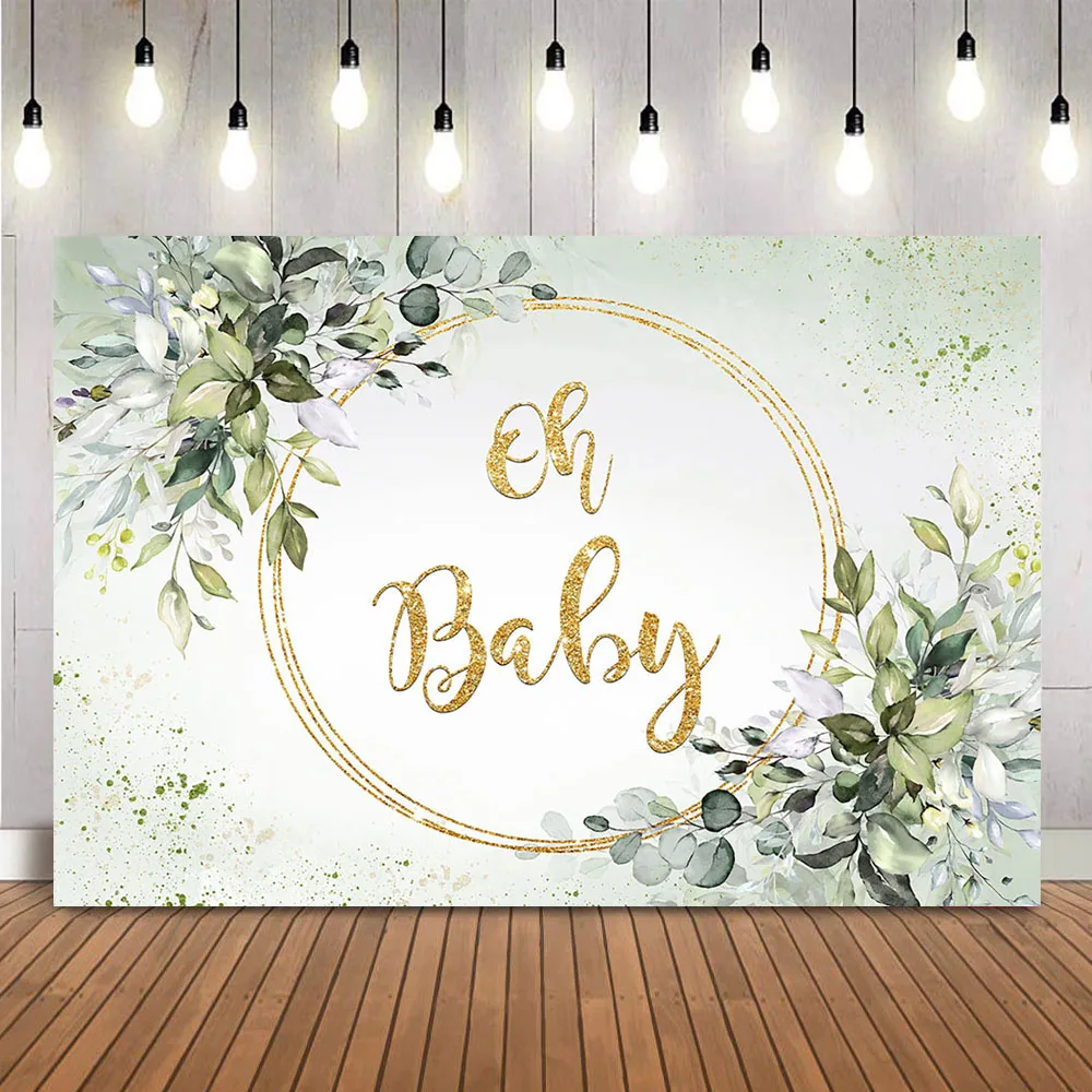 

Green leave Background for Baby Shower Party Decoration Greenery Gold Glitter Oh Baby Sign for Newborn Kids Photo Backdrops