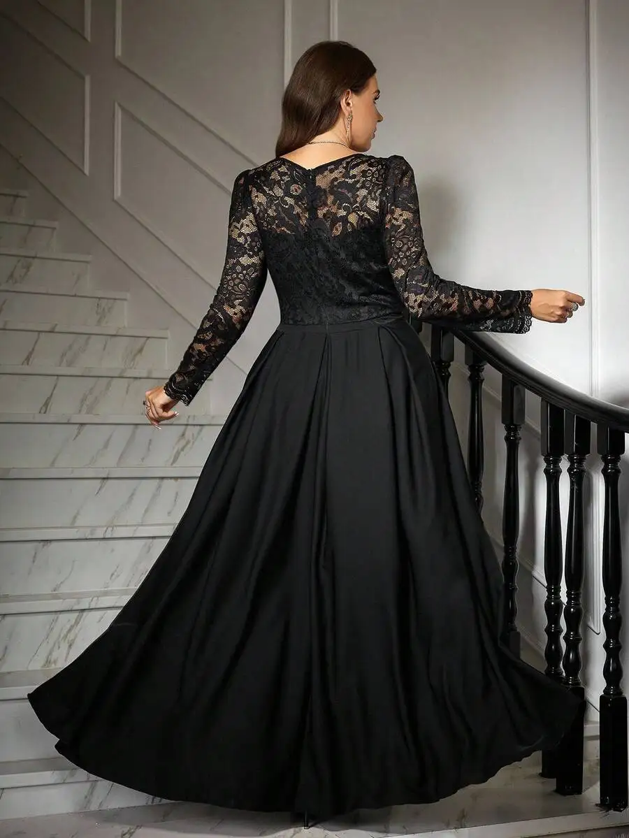 

Elegant Black Lace Long Sleeve Floor Length Formal Dress For Women
