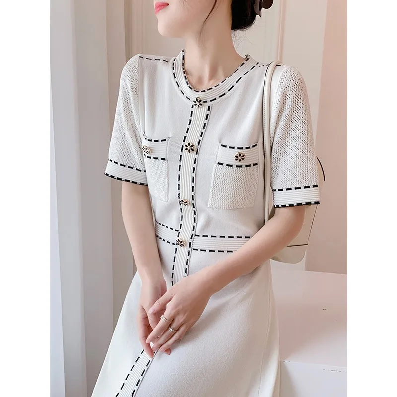 Temperament Knitted Dress Women Summer Vintage Short Sleeve O-neck A-line Elegant Dresses Women\'s Clothing Vestidos Robe Femme