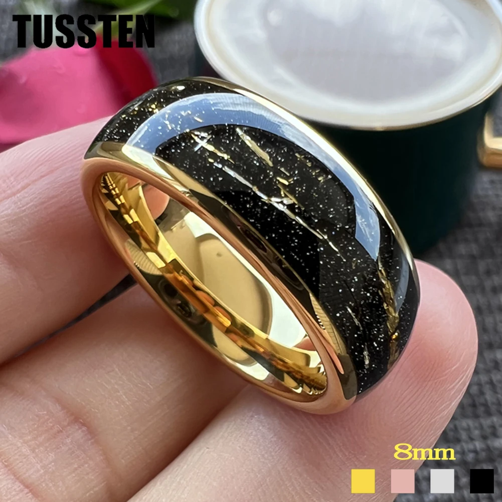 

TUSSTEN 8mm Tungsten Carbide Steel Ring Black Inlaid Gold Color Foil Wedding Ring for Men and Women Jewelry Wholesale