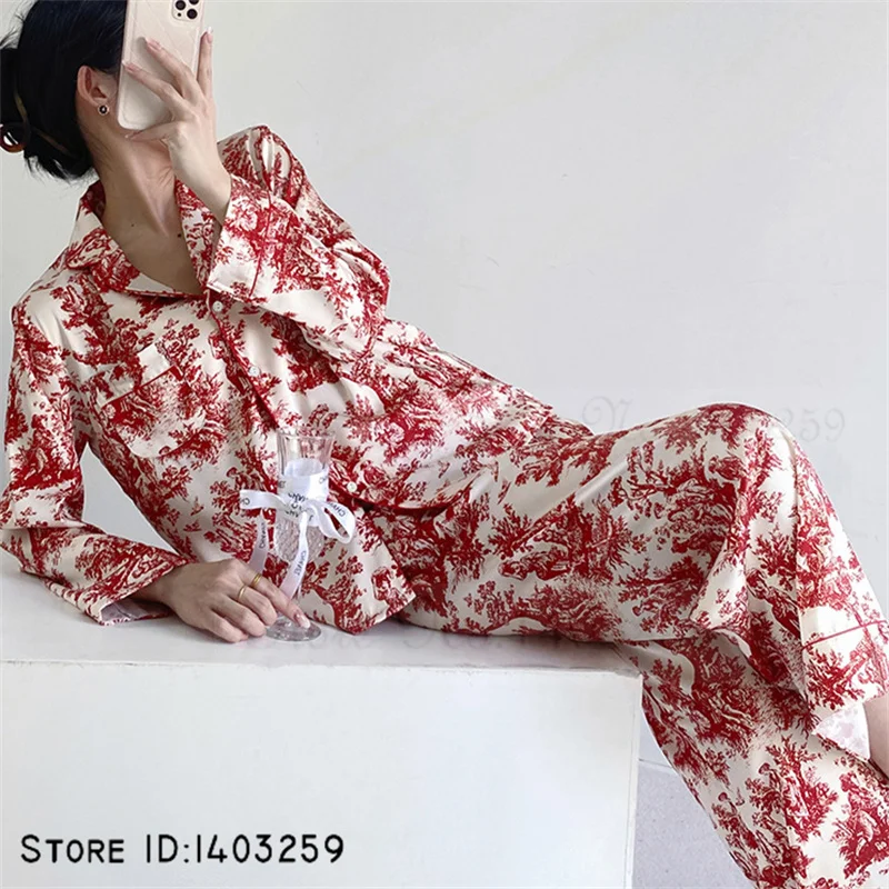 Women 2PCS Pajamas Set Spring Summer Satin Sleepwear Long Sleeve Trouser Suits Nightwear Loose Print Home Clothes Lounge Wear