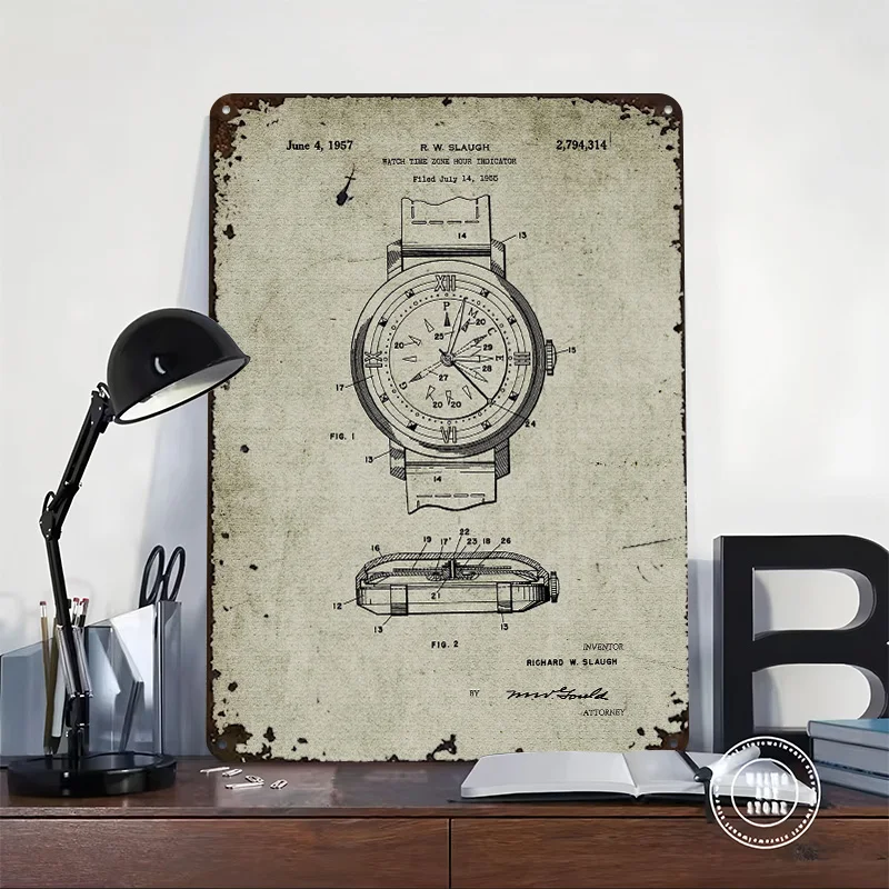 1955 Watch Time Zone Hour Indicator 3D Texture Printed Poster Custom Vintage Metal Tin Plate Sign for Wall Art Bathroom Decor