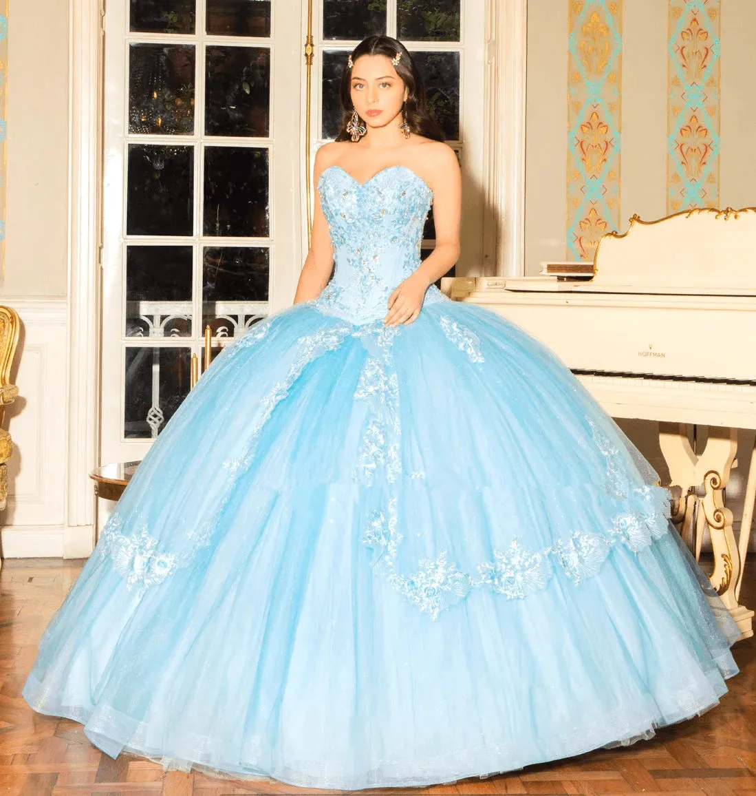 Himmel Blau Quinceanera Kleider Ballkleid Schatz Tüll Appliques Perlen Süße 16 Kleider 15 Anos