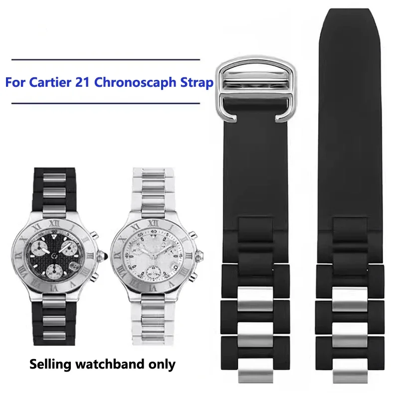 High quality Silicone Strap for Cartier 21th Century Folding Buckle Black White Rubber Watchband Accessories 20mm X 10mm