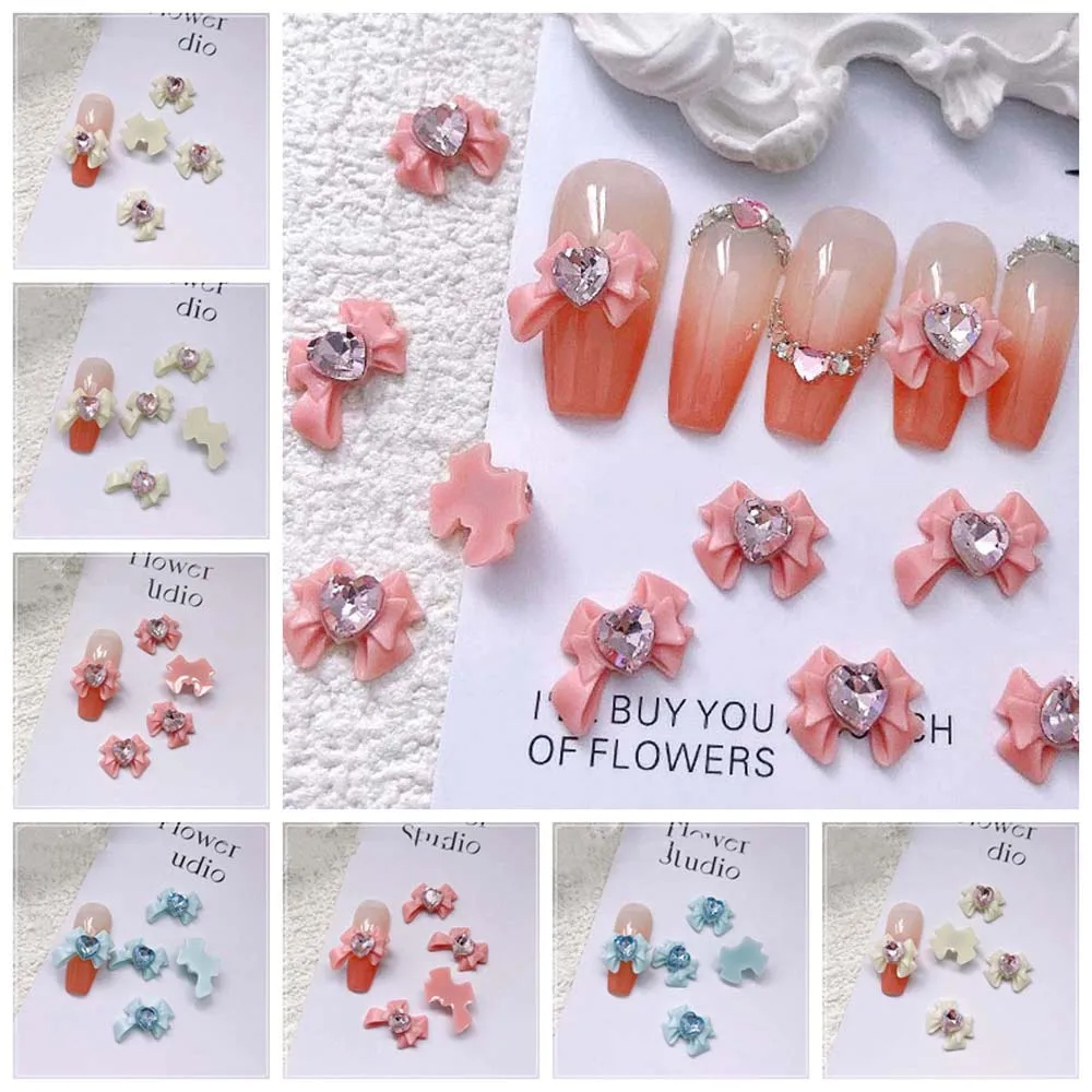 Coração Bow Nail Charms, Bowknot Nail Decorações, DIY Nail Acessórios, Material Manicure, 10Pcs