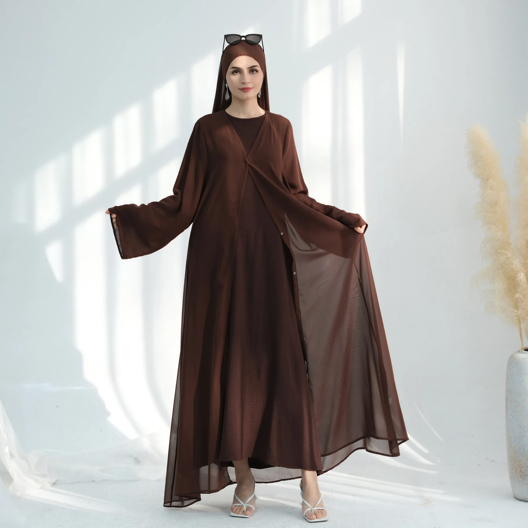 

Dubai Kimono Muslim Open Abaya Scarf Female Turkey Solid Color Cardigan Dress Set Islam Clothing Robe Musulmane Femme Vestidos