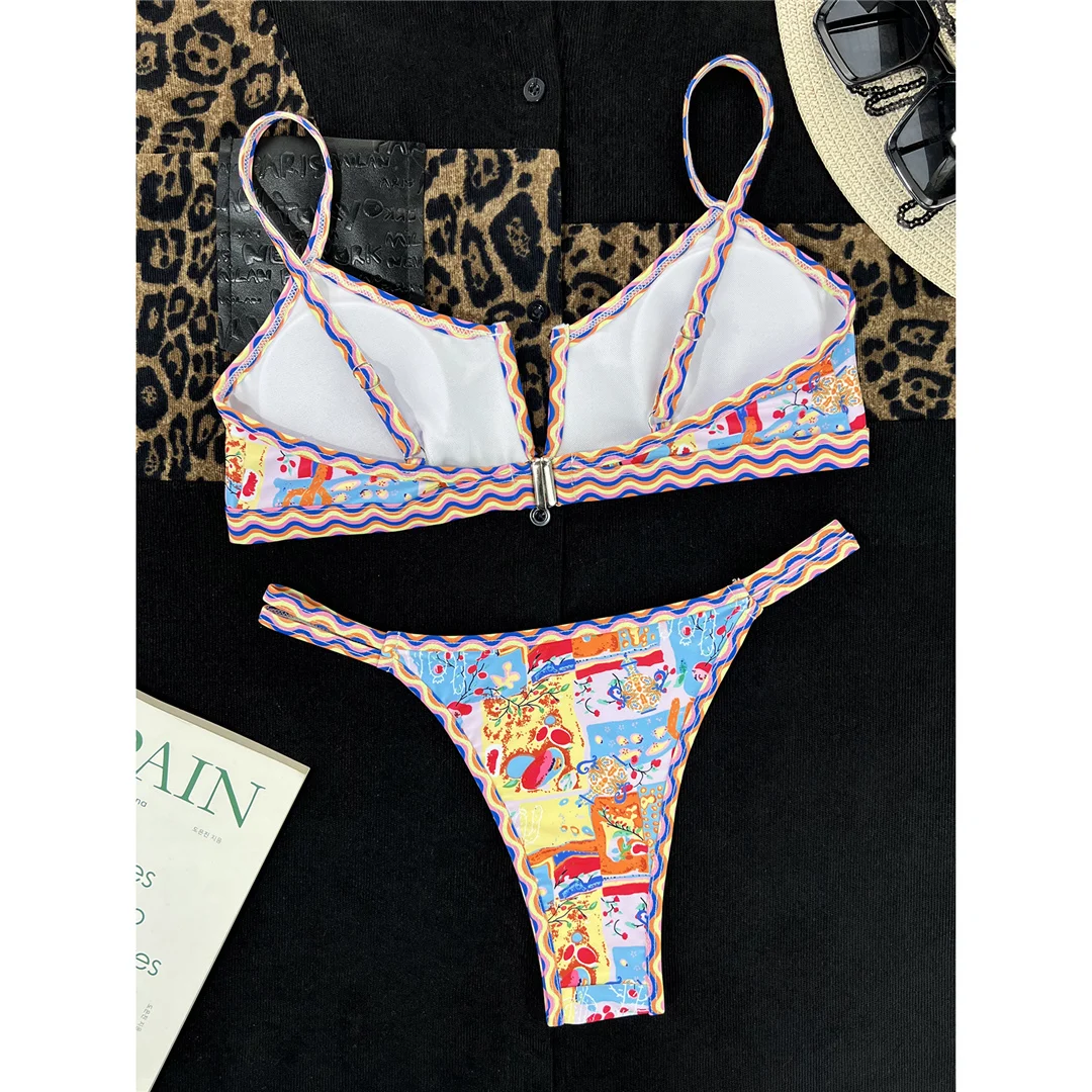Sexy bedruckter V-förmiger Bikini mit hohem Beinausschnitt, Damen-Badeanzug, zweiteiliges Bikini-Set, Badebekleidung, Badeanzug, Schwimmbikini V4745 – Detail 12