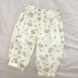 New summer baby clothing, beautiful floral cotton pants for girls aged 0-3, versatile mosquito repellent pants