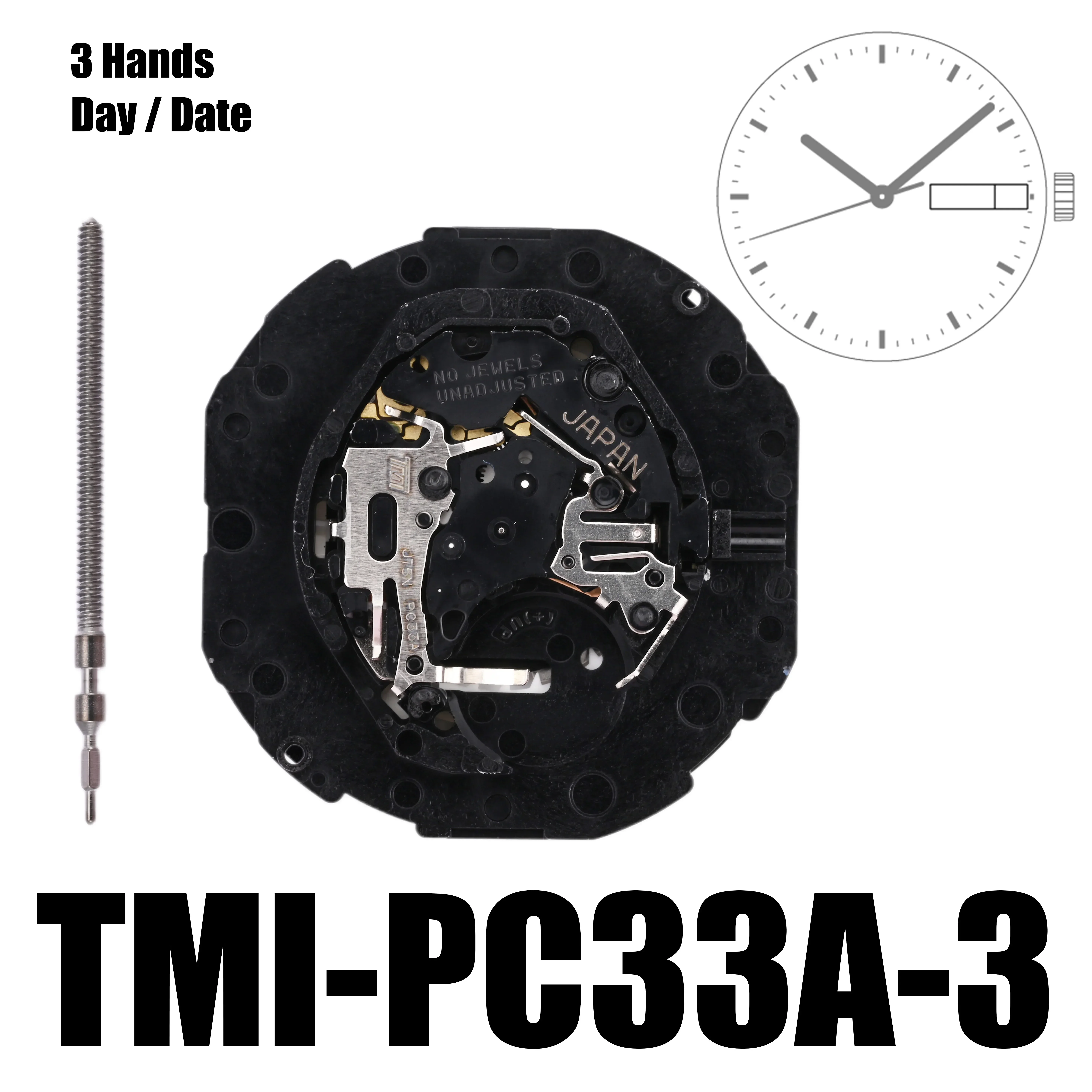 TMI-PC33A Standard Dual Calendar Movement - PC33A Quartz Movement 3 Hands Day / Date Size: 10 ½‴ Height: 4.15mm