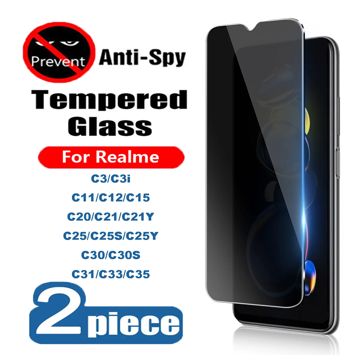 

2PCS Privacy Screen Protectors for Realme C3i C11 C12 C15 C20 C21Y C25S C25Y C30S C31 C33 C35 Anti-spy Tempered Glass Films