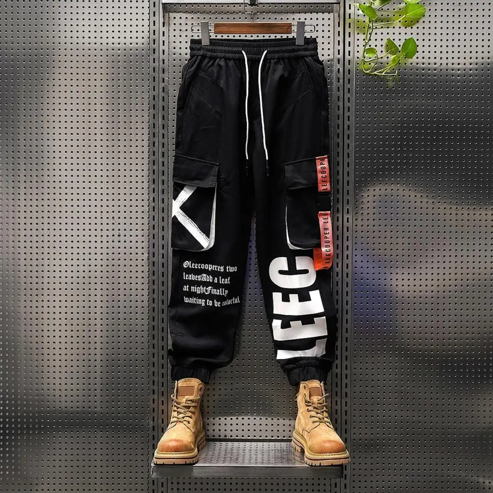 

Men's Overalls Multi-pocket Drawstring Elastic Trim Loose Letter-print Hip Hop Street Pants