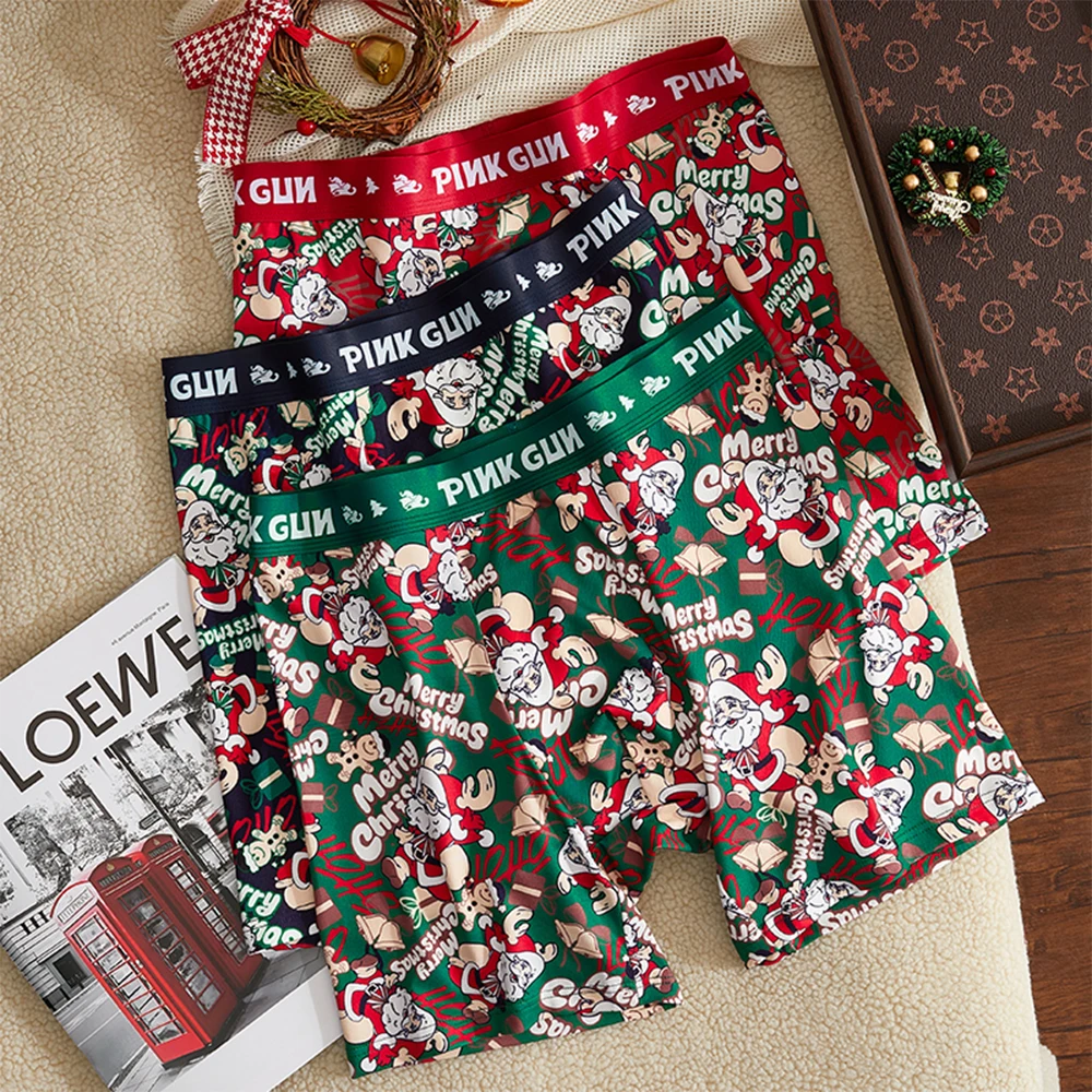 

L-4XL мужские трусы с принтом «Счастливого Рождества», антибактериальное дышащее нижнее белье для мужчин, трусики с высоким эластичным поясом