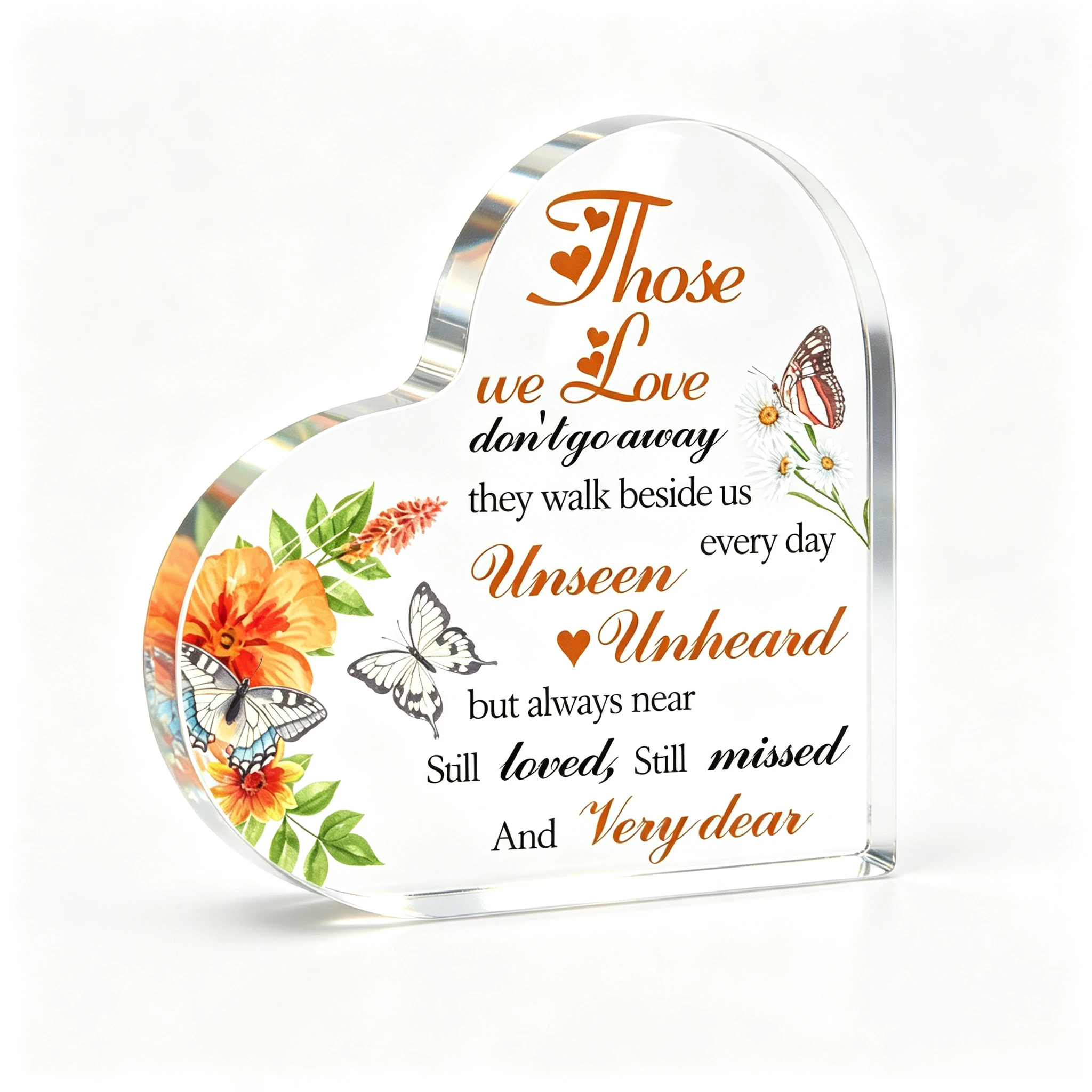Watercolor Flower & Butterfly Heart‑Shaped Acrylic Ornament, Sympathy Remembrance Tabletop Home Decor