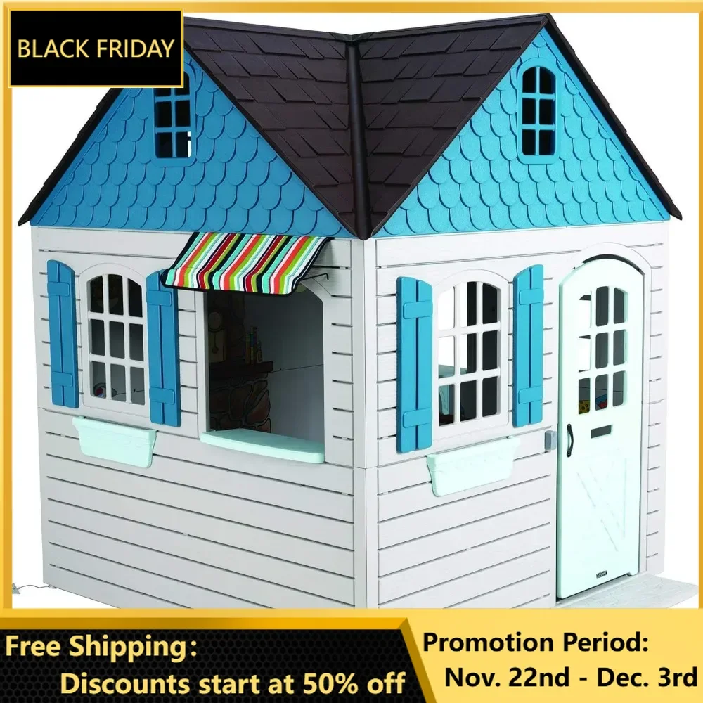 

Plastic Outdoor Playhouse, Door with Mail Slot and Working Doorbell, Play Sink and Stove Combo, Toy Food, Pans, and Utensils