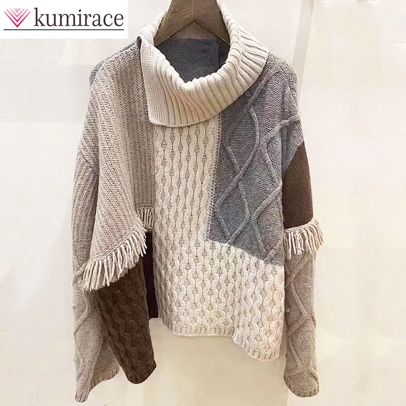 

Knitted Sweater for Women, Creative Design Style, Western Style, Thickened Pullover, Color Block, Splicing, Winter, 2024