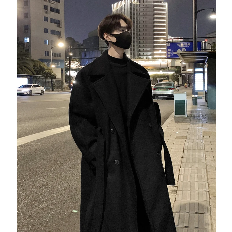 

Korean Trend Trenchcoat With Belt Men's Loose Casual Overcoat Autumn Winter Solid Color Fashion Woolen Coat Medium Long Trench