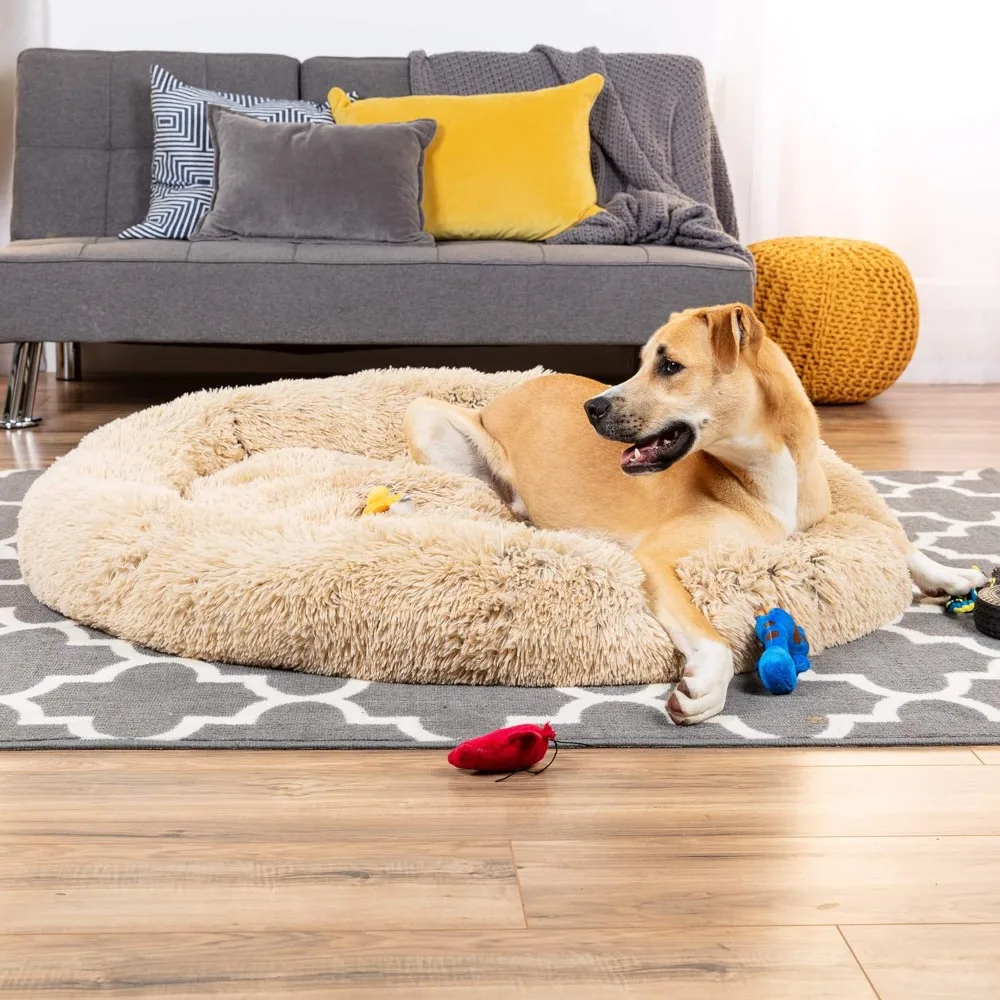 

45in Dog Bed Self-Warming Plush Shag Fur Donut Calming Pet Bed Cuddler w/Water-Resistant Lining, Raised Rim - Brown
