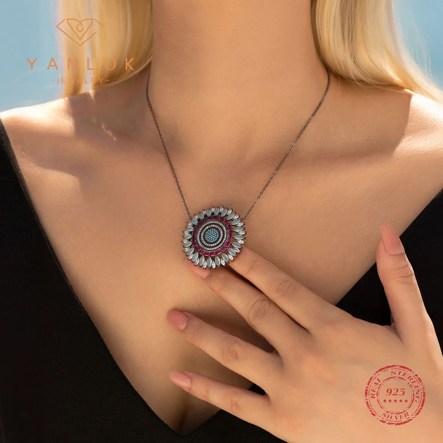 YANLOK черное золотое звено-цепочка, ожерелье из стерлингового серебра 925 пробы, ретро CZ, солнцезащитный кулон, ожерелья для женщин, ювелирные изделия YANLOK черное золотое звено-цепочка, ожерелье из стерлингового серебра 925 пробы, ретро CZ, солнцезащитный кулон, ожерелья для женщин, ювелирные изделия