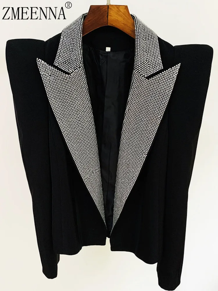 

ZMEENNA Womens Black Embellished Blazer Crystal Lapel Padded Shoulder Open Front Formal Evening Party Outerwear Top ZM4596