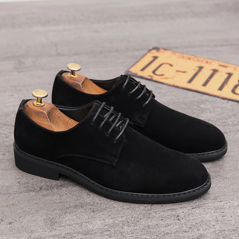 Luxury Business Leather Men Shoes Suede Derby Casual Lace-up Round Toe Dress Shoes Men Party Wedding Office Social shoe male
