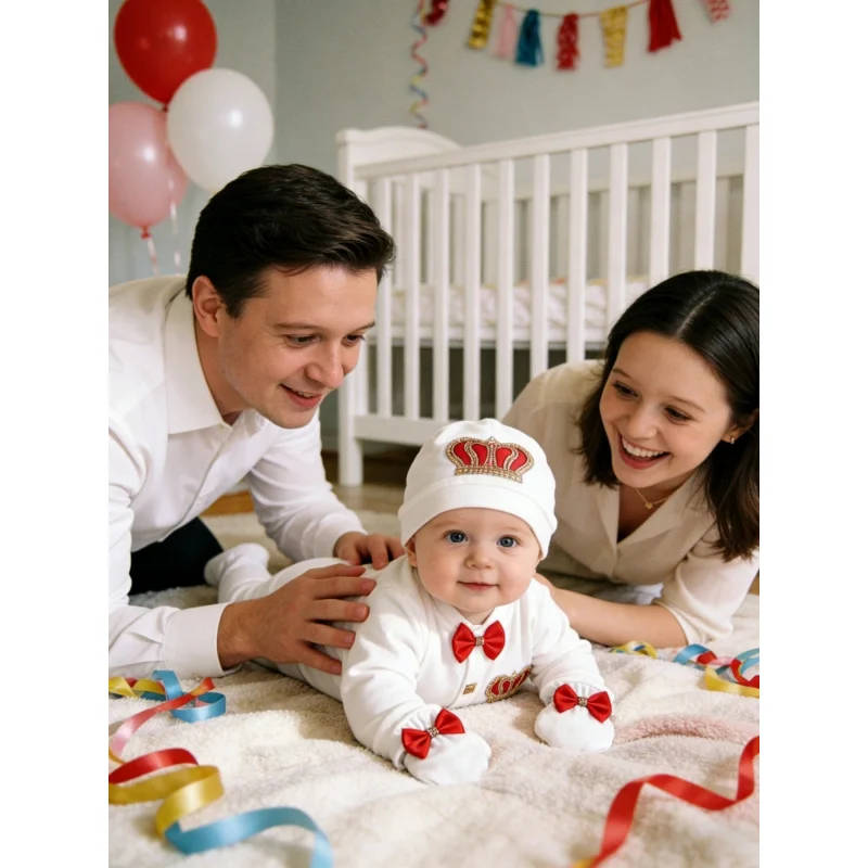 

Newborn Formal Baby Outfit，Soft one-piece suit，With crown and bow details，Includes matching hat and gloves，Gentle and breathable