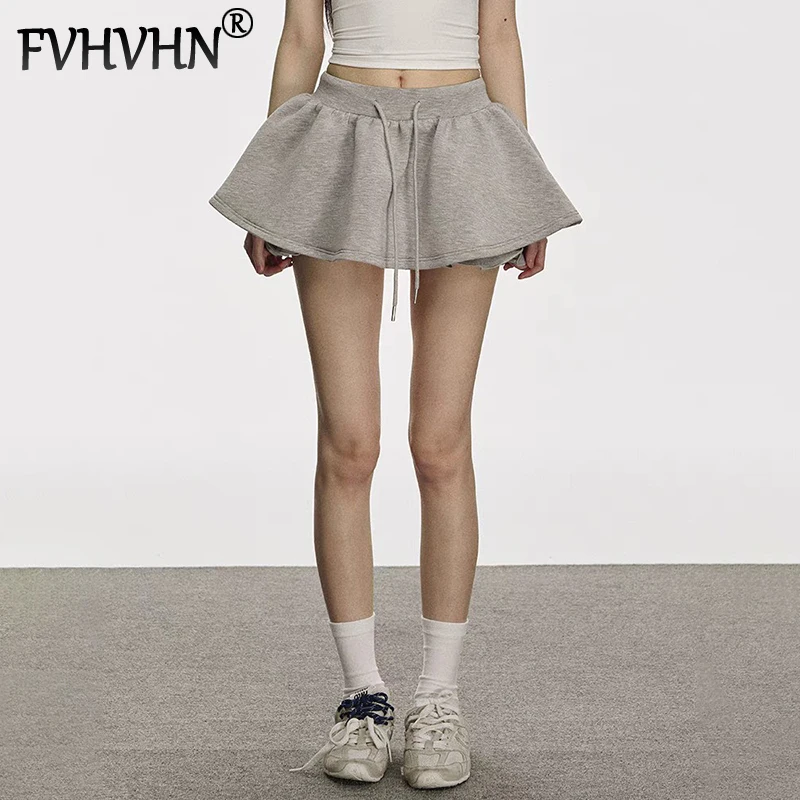 

FVHVHN Fashion Fake Two-pieces Set Grey Mini Skits For Women Drawstring Design Elastic Waist Short Skirt Female Trendy 1A135