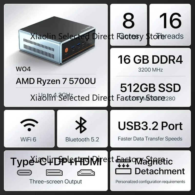 미니 PC AMD 라이젠7 5700U (8코어/16스레드, 최대 4.3GHz) 미니 게이밍 PC 16GB DDR4 512GB SSD 1TB HDD 듀얼 LAN (2.5G+1G) WiFi 6 4K 썸네일 3