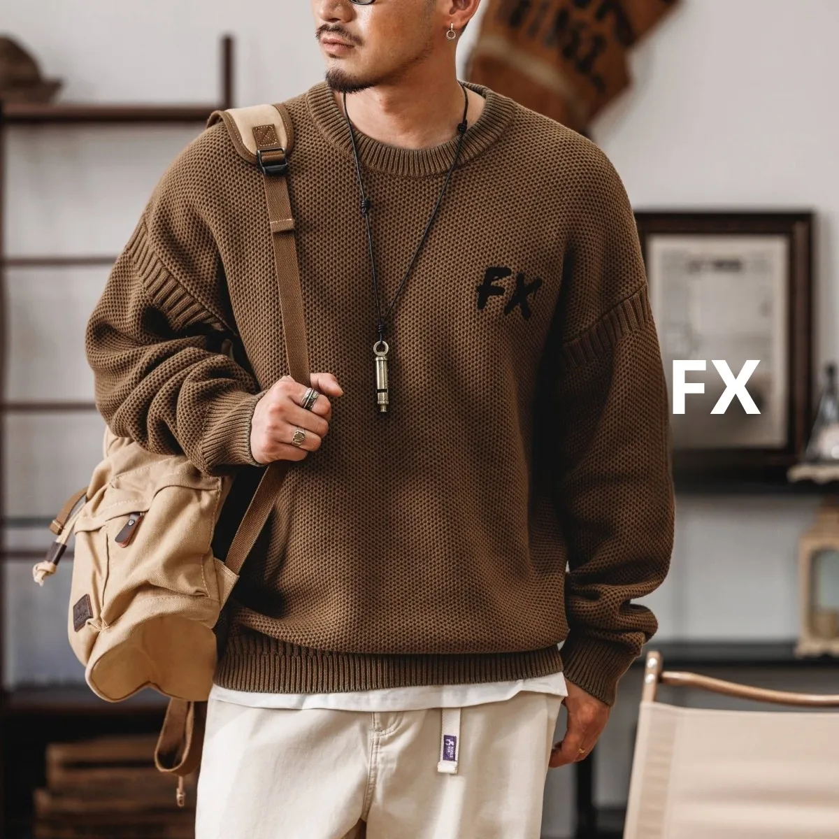 

Тяжелый мужской свитер в американском стиле ретро, осенне-зимний модный свободный круглый трикотаж большого размера, топ