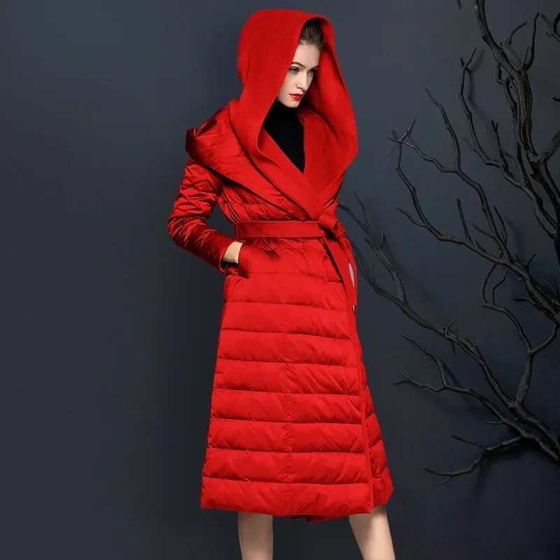 2024 Winter European Women Down Jacket White Duck Down Long Coat Fashion Hooded Warm Coat