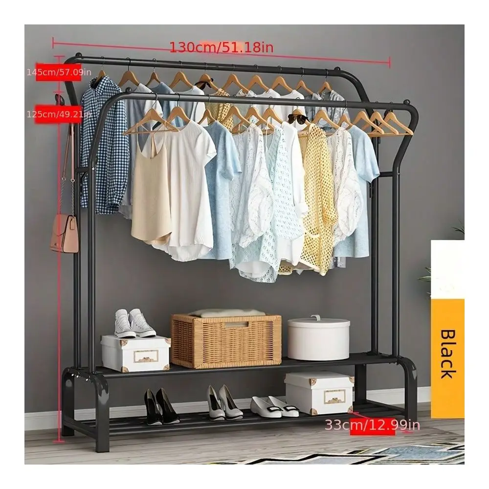 Simple Double Pole Clothes Hanger With Double Layer Shoe Rack, Portable Independent Clothes Hanger Organizer And Storage System With Side Hooks. The Metal Clothes Hanger Is Suitable For Cloakrooms, Bedrooms, Entrances, Etc., Saving Space.