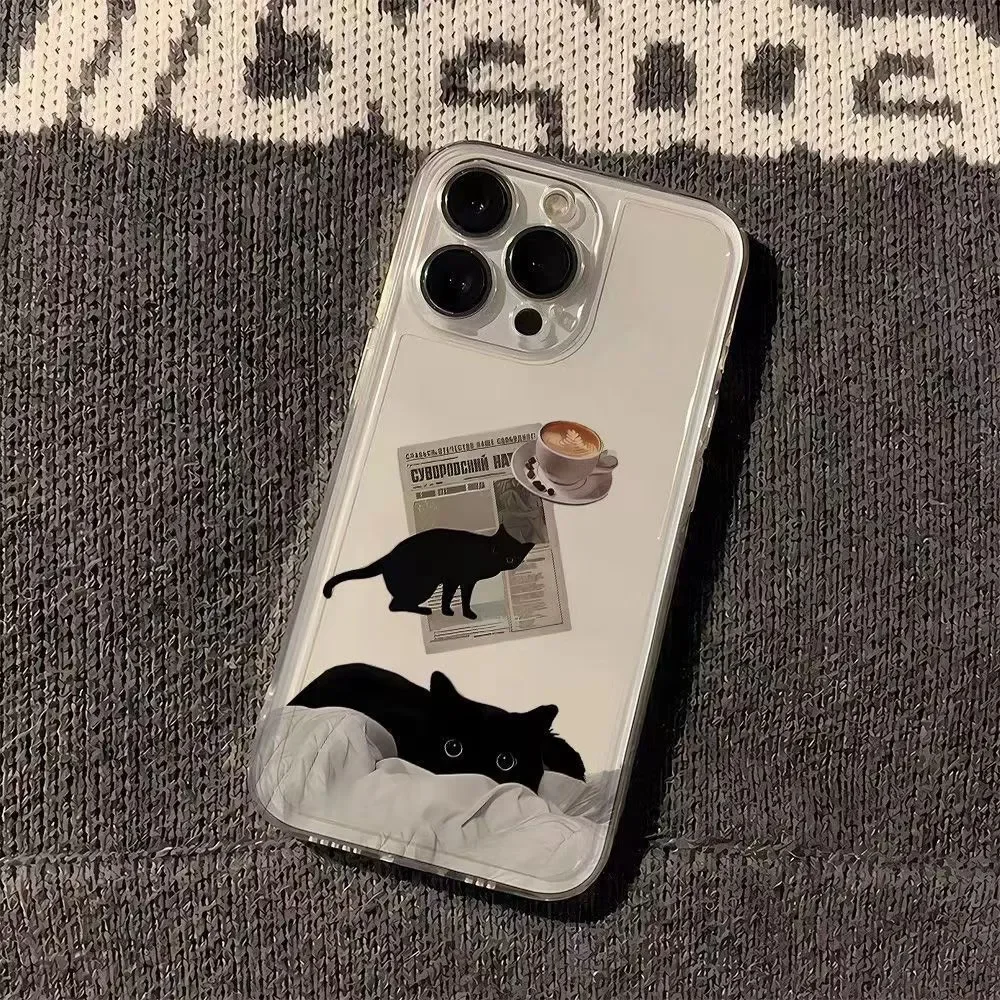 

Simple Newspaper Coffee Black Cat Phone Case For IPhone16 15 14 13 12 11 ProMax X XS XR 7 8 Plus Transparent Phone Case Cover