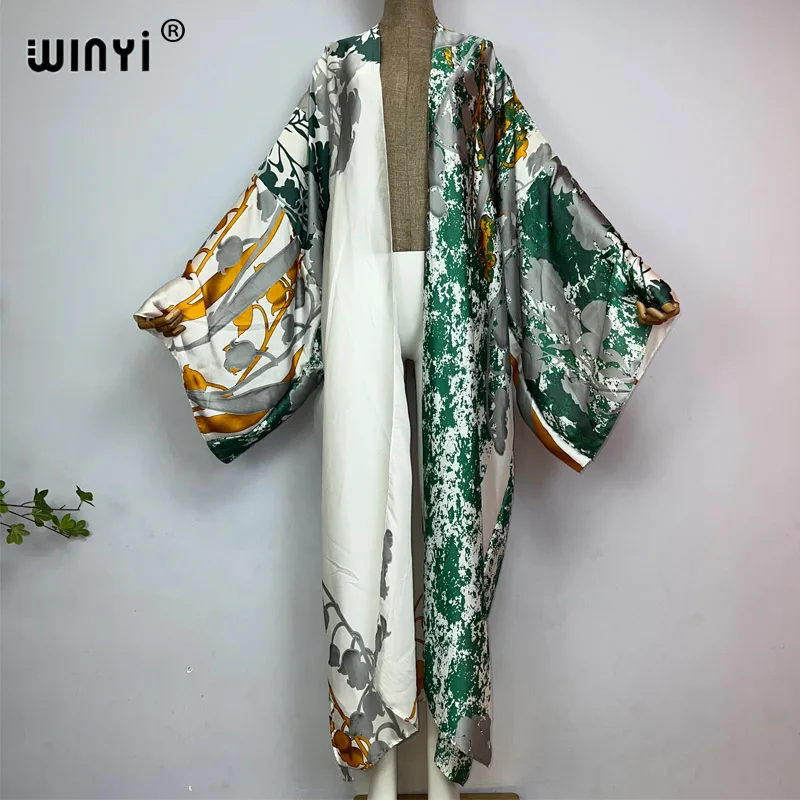 WINYI Africa Kimonos Women Retro printing Bikini Cover-ups Elegant Long Sleeve Cardigan Loose beach Sexy Covers party kaftan