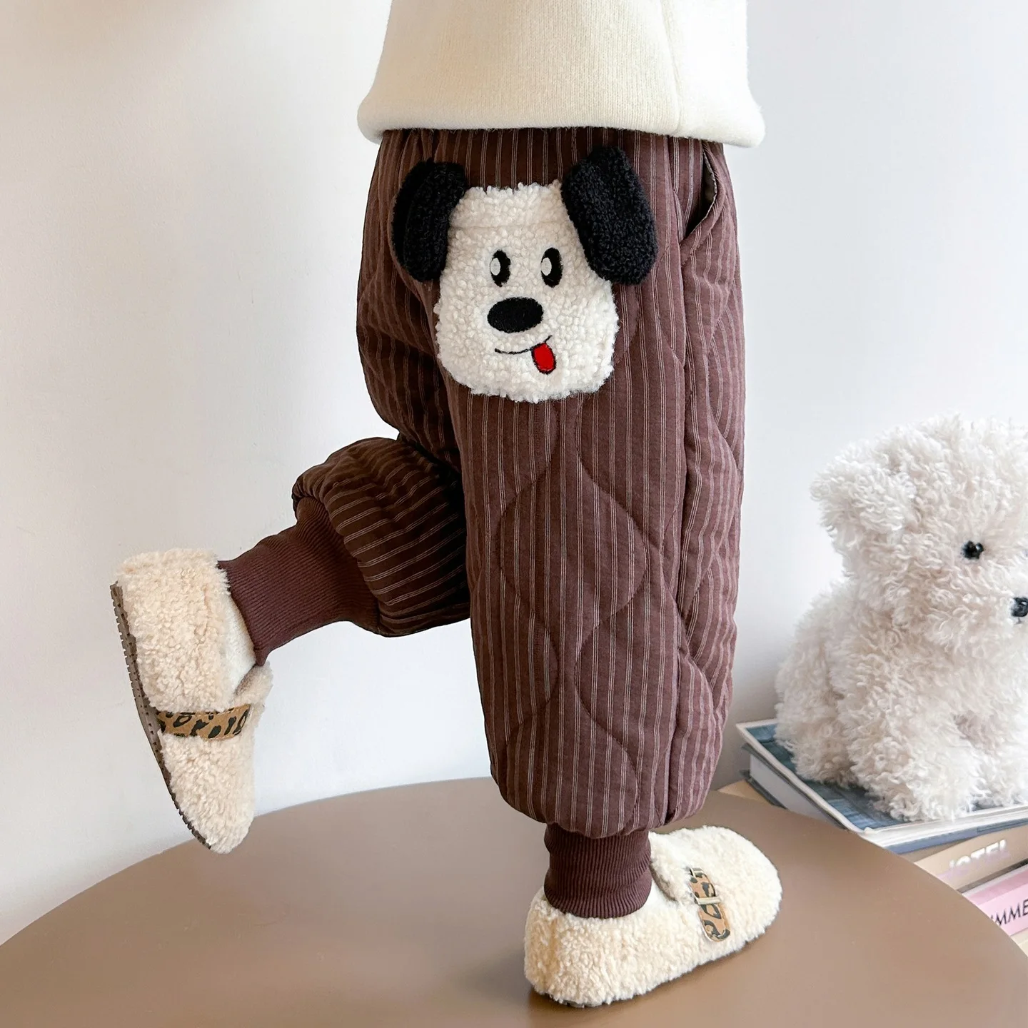 

Kids Girls Jogger Pant New Winter Dog Jacquard Thicken Toddler Girls Warm Pant Vertical Stripes Children Girls Cotton Pant