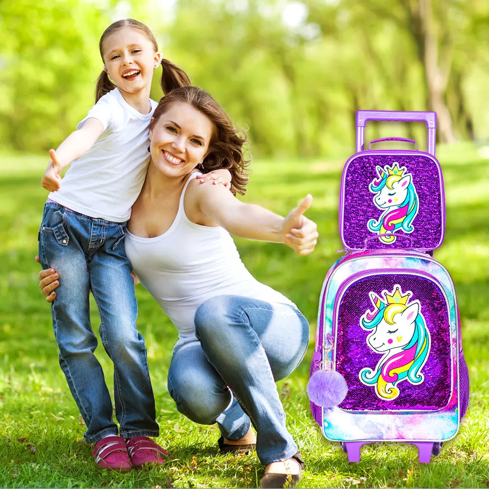 3PCS Rolling Backpack for Girls Kids Roller Wheels Bookbag with Lunch Bag Sleeping Unicorn Pattern Design Glow-in-the-dark Funct