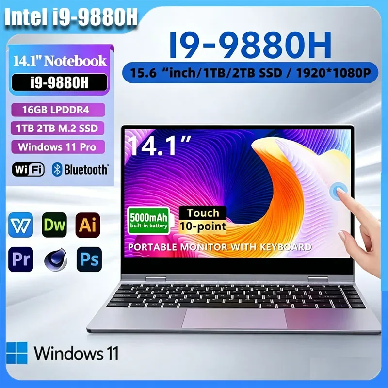 Notebook Ultra Fino com Sistema Windows 11, Tela de 14.1 Polegadas, I9-9880H, 16GB/32GB de RAM, Portátil para Trabalho