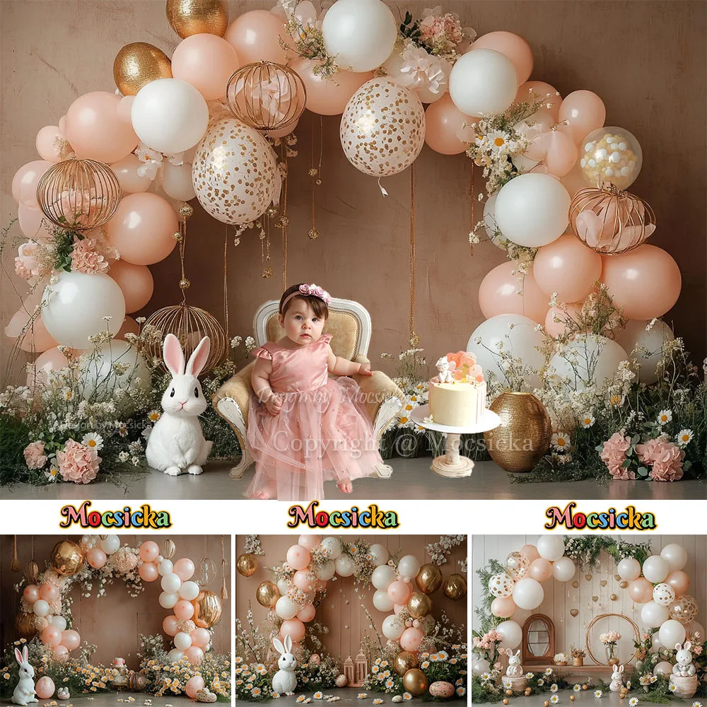 

Mocsicka Easter Cake Smash Photography Backdrop Arch Balloon Wall Bunny Daisy Flower Backdrop Decor Kids Birthday Portrait Photo