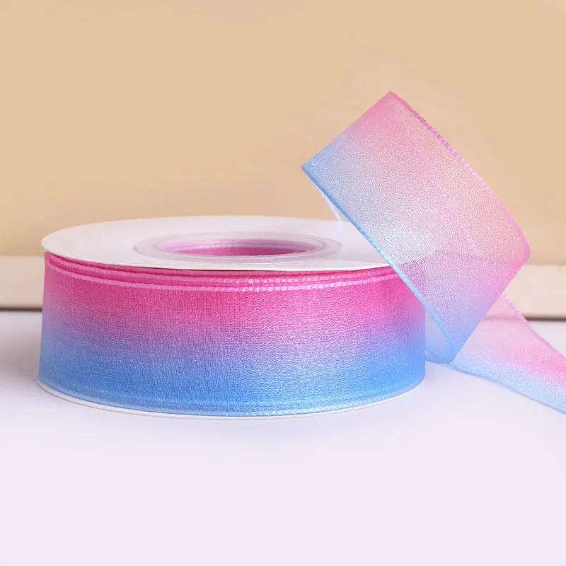 Rainbow Gradient Colors Organza 5 Yards/lot Ribbon Tape Wedding Christmas Gift Packing Ribbons DIY Hair Bow Material