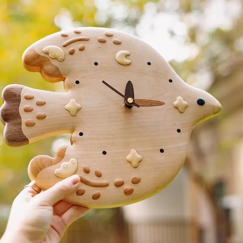 Solid wood cute living room wall decor wall clock creative cartoon kids' room clock