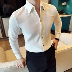 Autumn Solid Color Waffle Shirt Men Slim Fit V Neck Long Sleeve Casual Business Formal Dress Shirts Social Party Streetwear 4XL