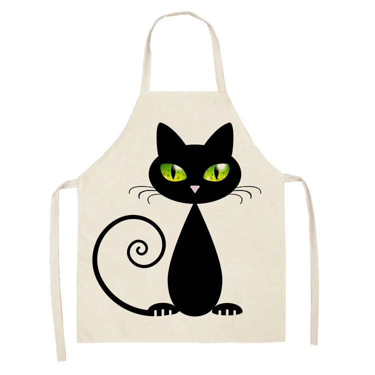 1Pcs Black Cute Cat Pattern Kitchen Sleeveless Aprons Cotton Linen Bibs 55*68cm Household Women Cleaning Pinafore Home Cooking