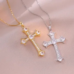 Hip Hop Zircon Cross Pendant Necklaces for Women Men Fashion Stainless Steel Chain Cool Cross Jewelry Accessories Gift for Lover