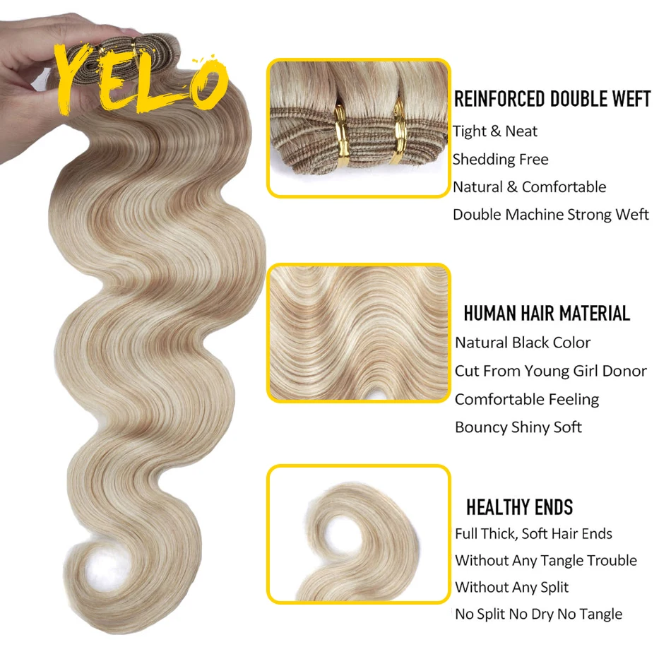 Yelo Body Wave Bundles Brazilian Highlight Human Hairs Weave Bundles  Real Remy Hair Extensions 12-26 Inch Wave Style Bulk Hair