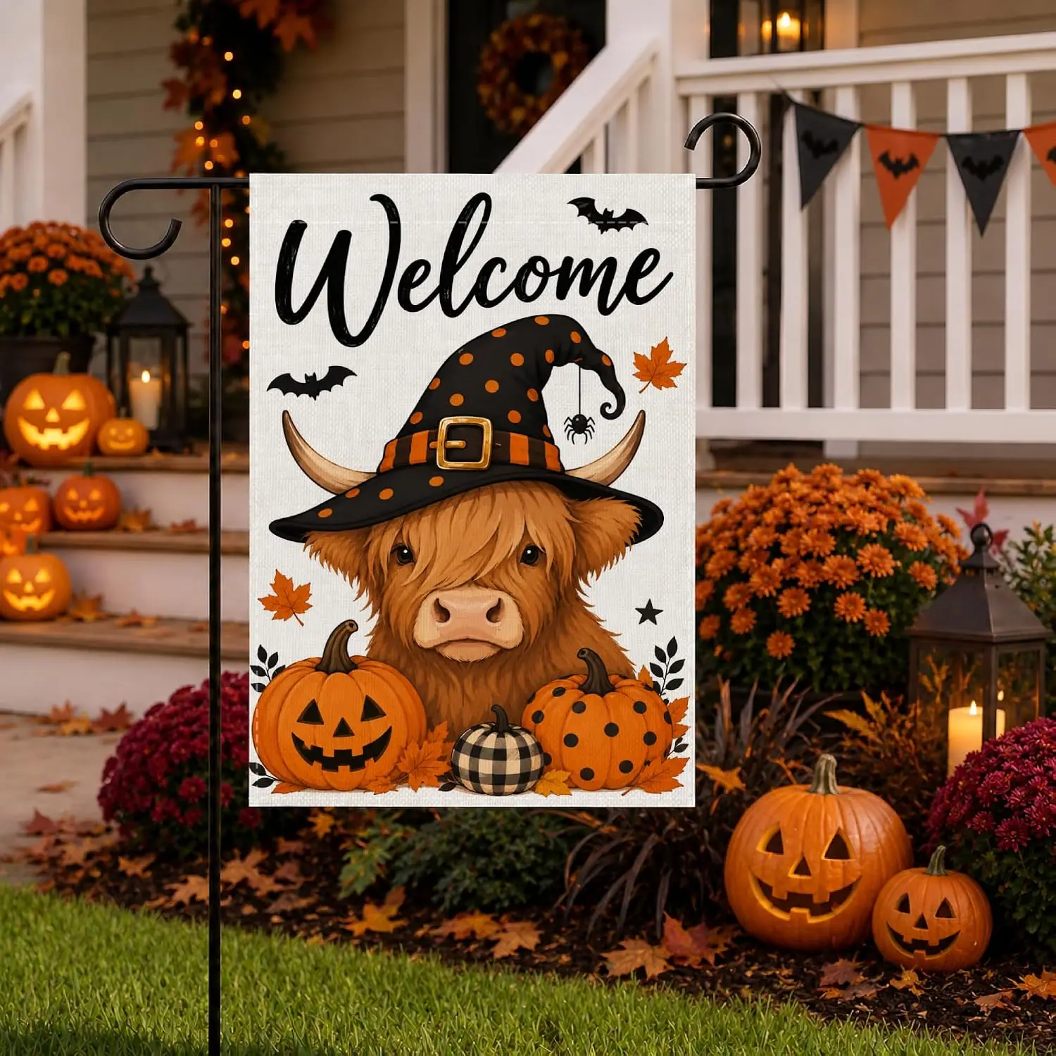 Halloween Highland Cow Garden Flag Double Sided 12x18 Inch - Witch Hat Autumn Yard Flags for Outside - Farmhouse Pumpkin Out llp