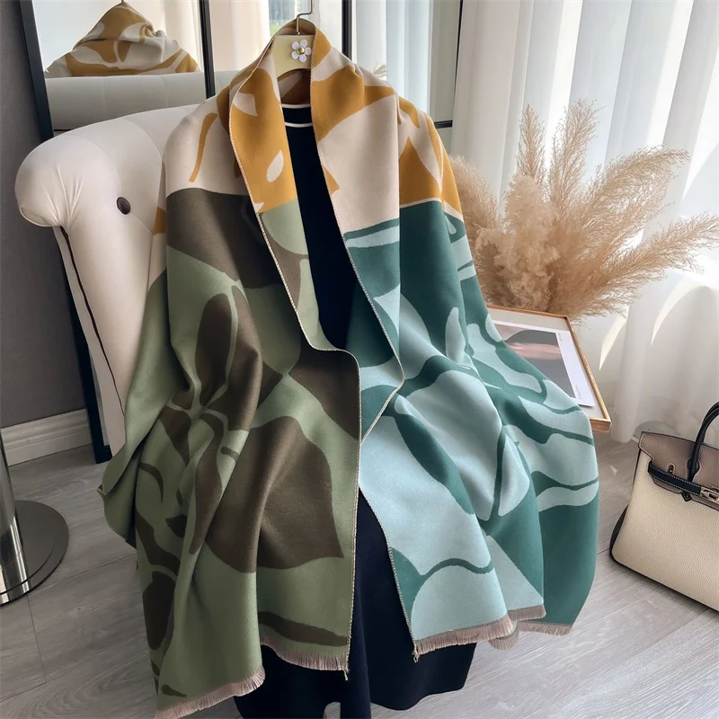 Luxury Scarf Women Winter Cashmere Shawls Wraps Thick Warm Lady Travel Stole Bufanda Hijab Fashion Floral Print 2024