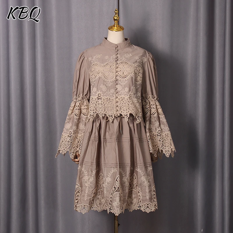 

KBQ Embroidery Skirts Set for Women Stand Collar Flare Sleeve Top High Waist Knee Length Skirt Solid Hollow Out Suit Female New
