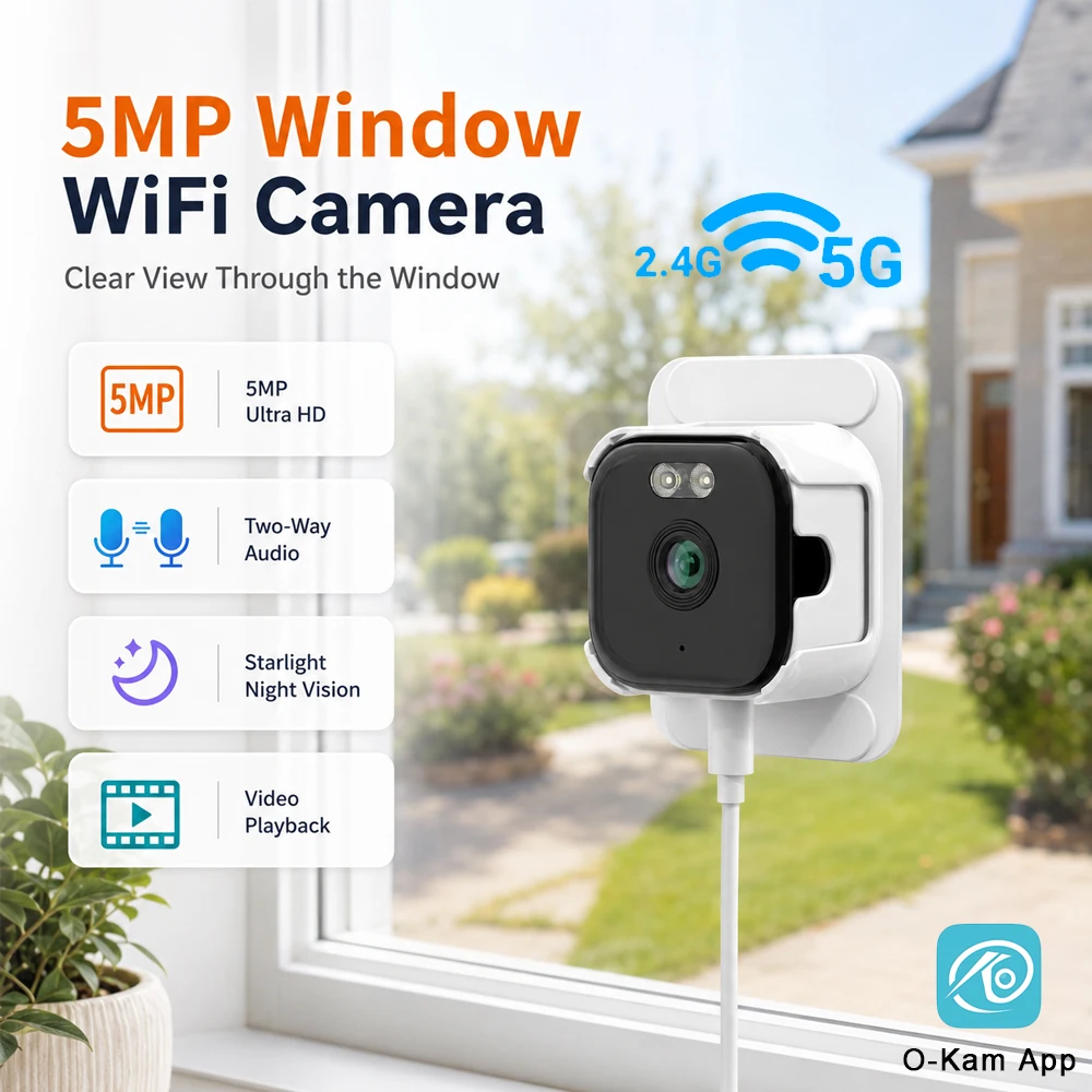 

O-Kam 5MP Mini Window Camera Replaces Outdoor 2.4/5GHz WiFi Camera Black Light Night Vision Through 24/7 Local&Cloud Recording