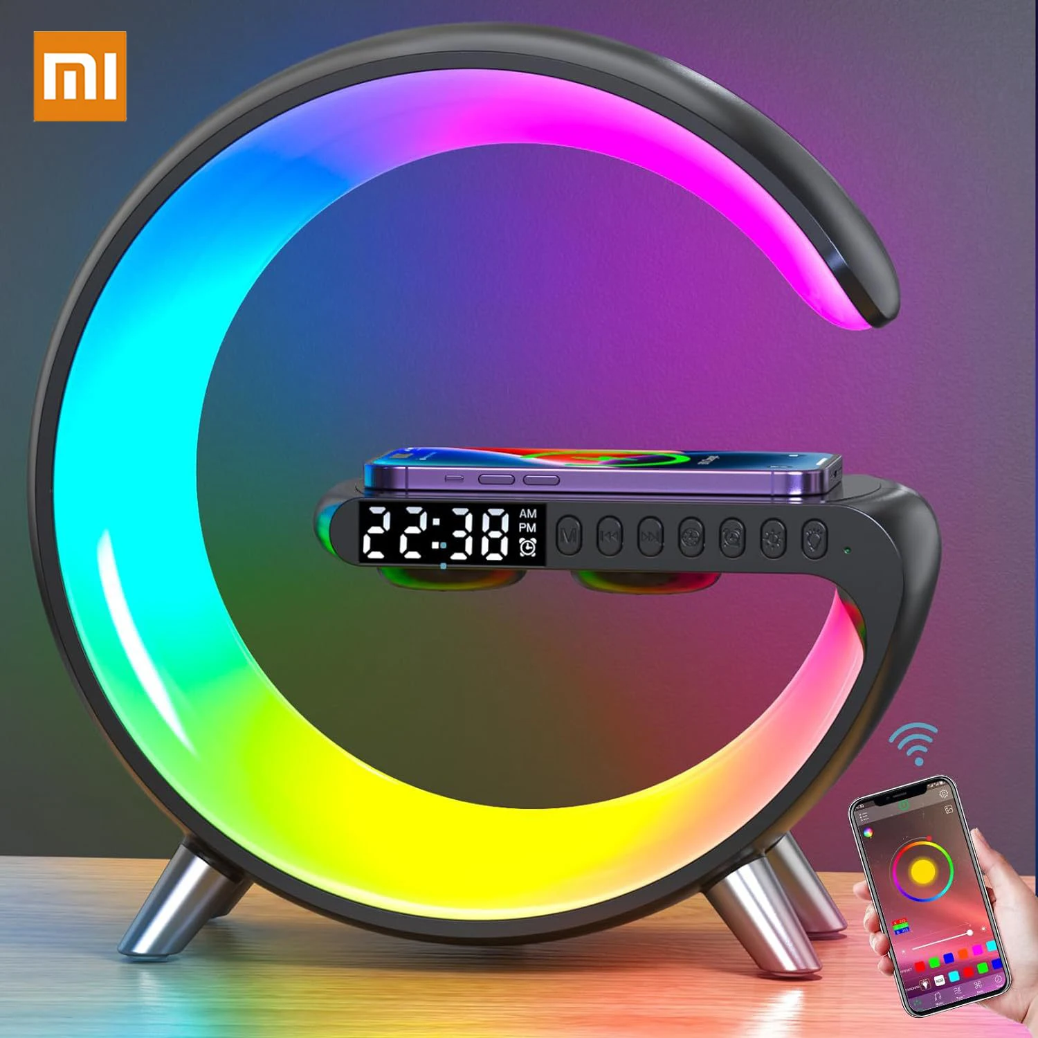 

Умный ночник Xiaomi, перезаряжаемая Светодиодная лампа с беспроводным зарядным устройством и Bluetooth, со звуковым будильником, настольная лампа RGB для декора комнаты