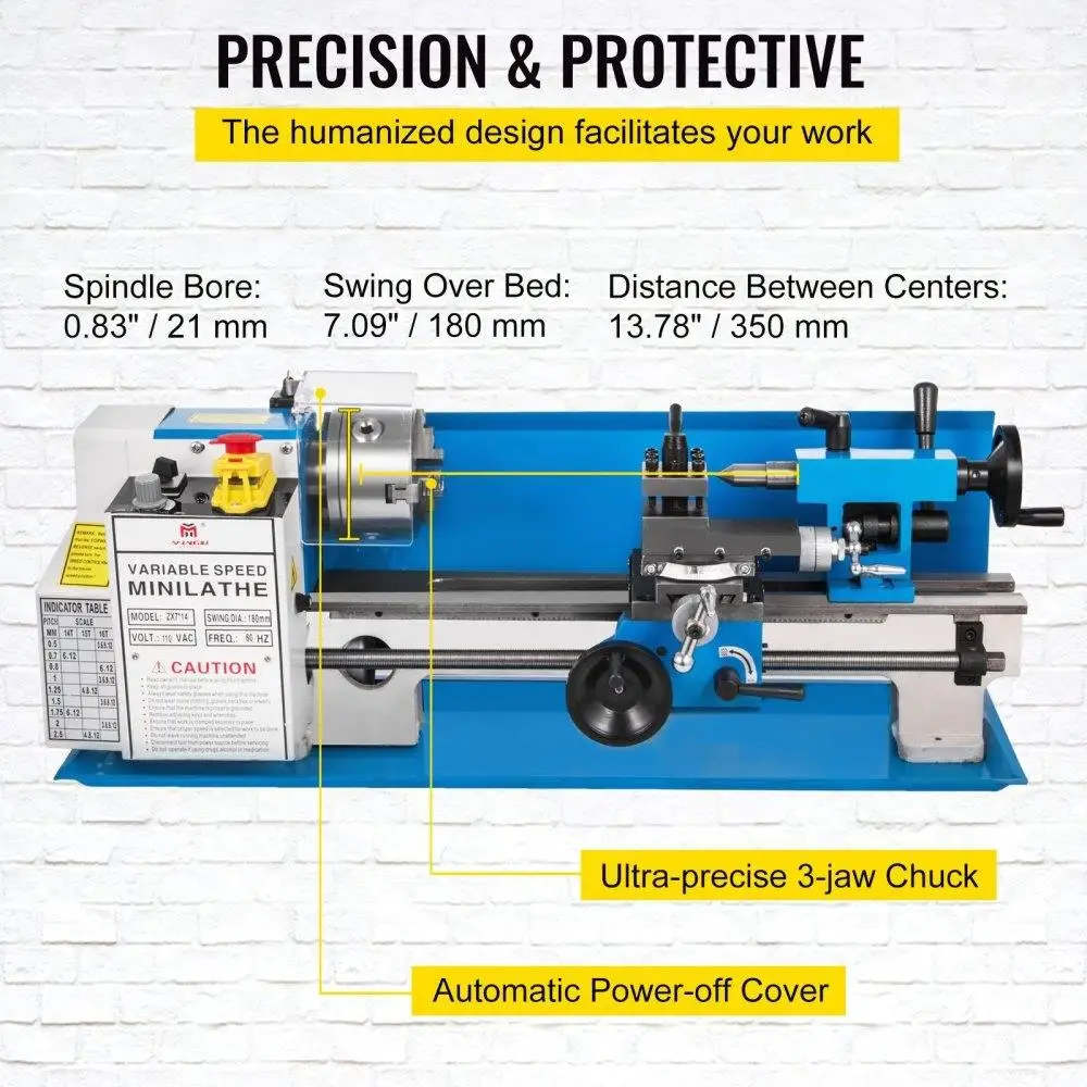 مخرطة معدنية صغيرة دقيقة مقعد علوي 7 × 14 بوصة 550 وات سرعة متغيرة 50-2500 دورة في الدقيقة ترس نايلون مع مصباح متحرك